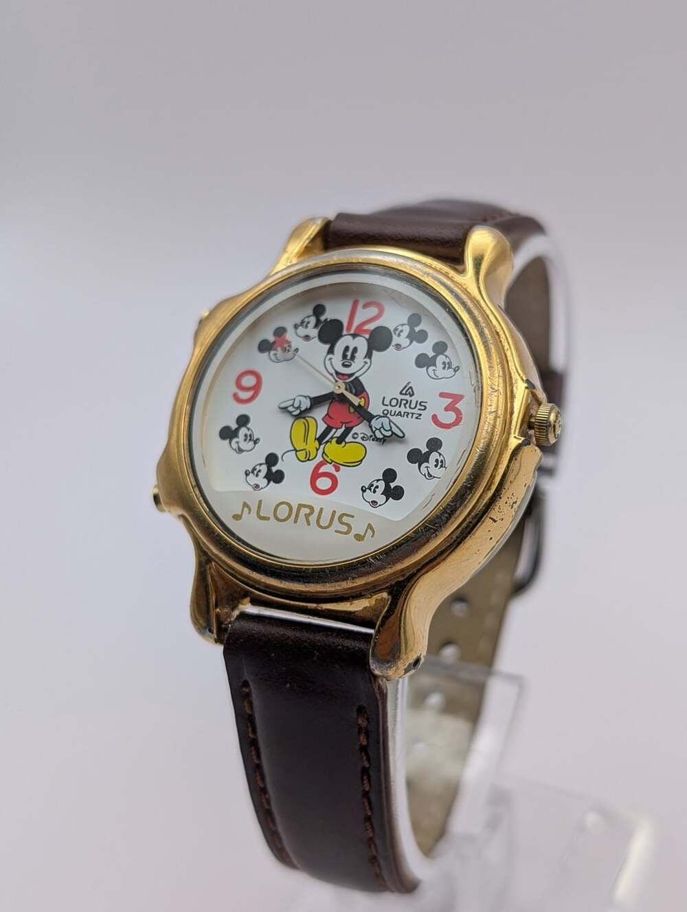 Vintage Lorus Disney Mickey Mouse Musical Quartz Watch, Gold Case Brown Leather